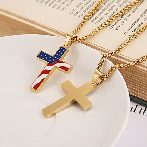 Hzman American Flag Patriotic Cross Religious Jewelry Pendant Necklace (Gold) #TOP3