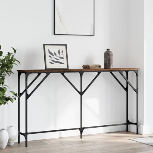 Industrial Console Table with Brown Oak Finish and Matte Black Frame for Modern Living Room Hallway Entryway Storage Display