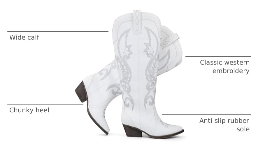 Image of Hawkwell Women's Cowboy Cowgirl Boots Slip On Pointed Toe and Block Heel Shoes with Classic Embroidered Pull On Tall Boot for Ladies Dress Western Knee High Boots