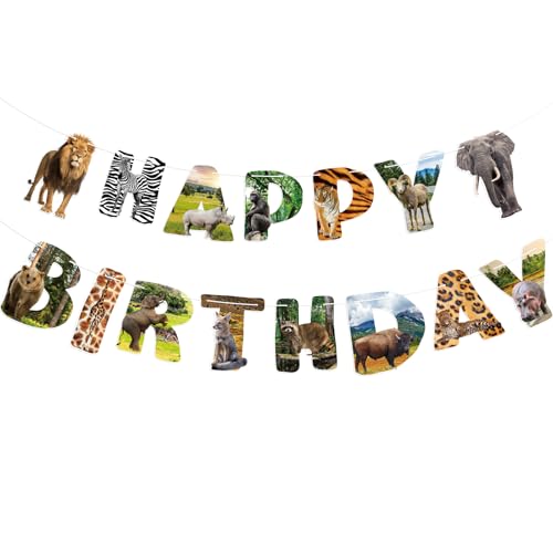 Image of Hooqict Safari Animals Happy Birthday Banner Animal Birthday Party Decorations Party Animal Banner Garland Birthday Decorations for Kids Wild Jungle Zoo Birthday Party Supplies