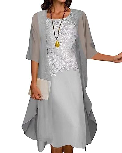 Costaric Vestido midi floral fluido para mujer con chaqueta, conjunto de 2 piezas, manga 3/4, vestido de gasa para invitada de boda, A7 gris, XL