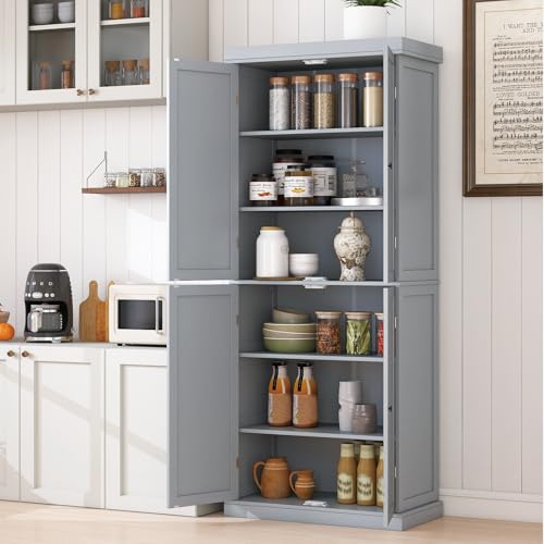 COSTWAY 184cm Tall Kitchen Cupboard, 6 Tiers Buffet Pantry Storage Cabinet with 4 Doors, Adjustable Shelves & Anti-tipping Device, Freestanding Sideboard Organizer for Dining Room (4 Doors, Grey)