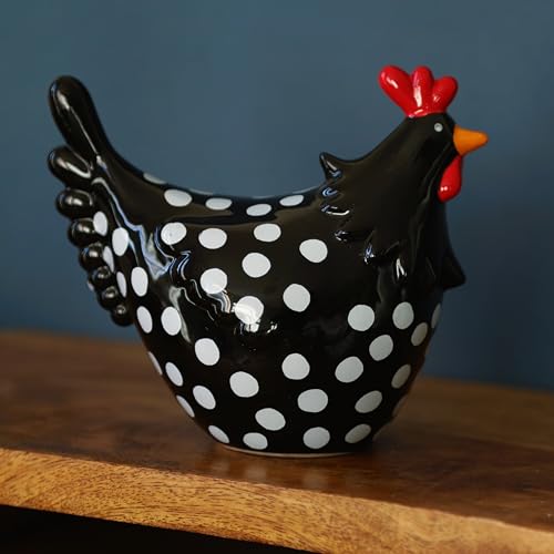 Fyne-Finds Ceramic Speckled Chicken Polka Dot Hen Shelf Sitter Ornament Decorative Home Figurine (Large Black)