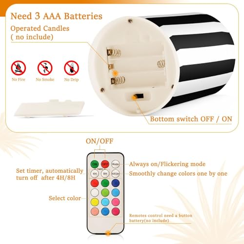 Image of Lights Flameless Candles White and Black Stripe Pillar Candles Set of 2 Battery Operated Remote Control Warm Lights Home Decor