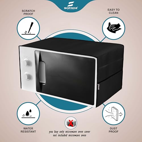 Image of Microwave Oven Cover for Durable, Waterproof and Dustproof Kitchen Protector with 4 Side Storage Pockets for Kitchen Accessories (100 x 35 cm) (Black)