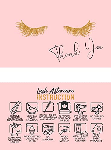 100 Pack Lash Extension Aftercare Cards With Thank You Note - Suitable for Lash After Care Bags - Size 3.5”x2” in - Lash Supplies - Pink