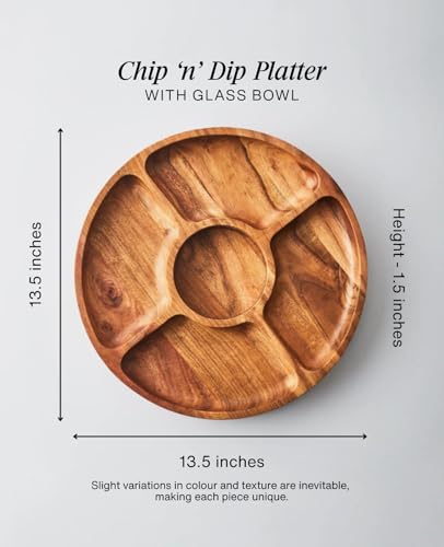 Image of Premium Wooden Chip & Dip Platter with Glass Bowl | Acacia Wood Snack Serving Tray for Nachos, Snacks & Appetizers | Handcrafted in India