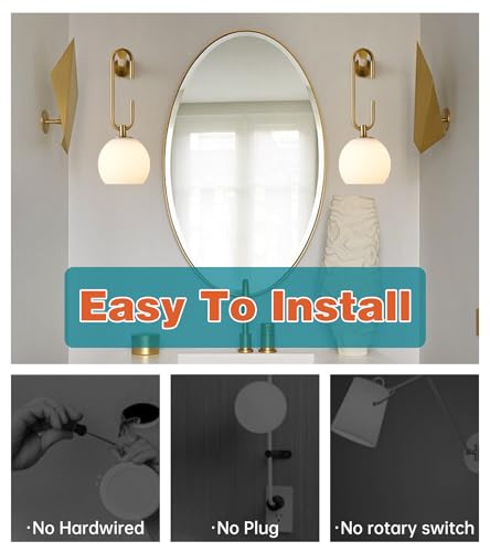 Image of Glass Globe Wall Sconces Set of 2, Battery Operated Wall Light with Remote, Indoor Wireless Dimmable 12RGB Colors Light Bulbs for Bedroom Living Room Hallway(Brass)