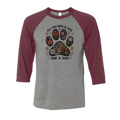 Floral All You Need is Love and A Dog Three-Quarter Raglan Sleeve Baseball Shirt Unisex 2X-Large Grey/Maroon