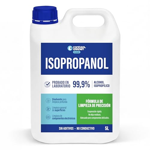 CONTROL GARDEN Alcohol Isopropilico 99,9% 5 L | Isopropanol Puro para Limpieza Profesional de Componentes Electronicos, Optica y Superficies Delicadas | Limpiacristales Sin Residuos Rapida Evaporacion