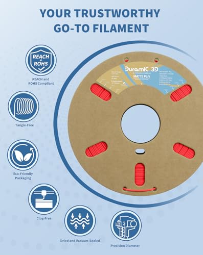 Image of DURAMIC 3D Matte PLA Filament 1.75mm Red, 1kg Cardboard Spool Matte Finish 3D Printer Filament PLA 1.75mm Dimensional Accuracy 99% + /- 0.03 mm, Printing with FDM 3D Printer, Easy to Remove Support