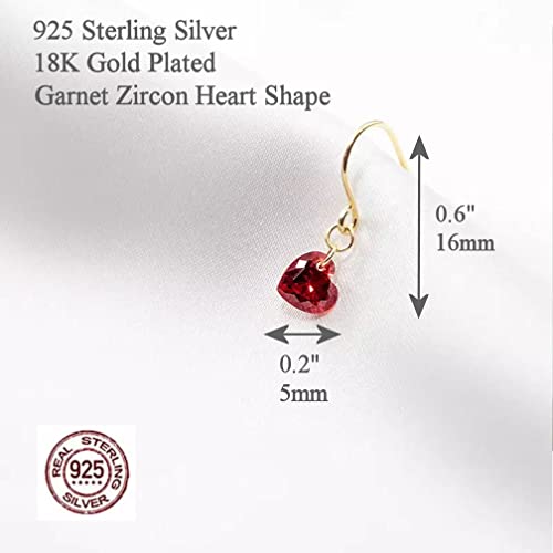Red Garnet Zircon Heart 925 Sterling Silver Earrings 14K Gold Plated Heart Dangle Earrings Birthstone Dainty Minimalist Women Earrings - Hypoallergenic Safe For Sensitive Ears - Usa Handmade #TOP2