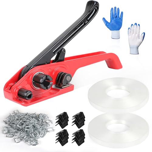 SWAIWIS Umreifungsset 12-19mm Manuelle Umreifungsgerät mit 100m Flexible Polyesterfaserbände Umreifungsband von 780kg inkl Spanner Umreifungsband 100 Metallschnalle 20 Eckschutz Handschuhe