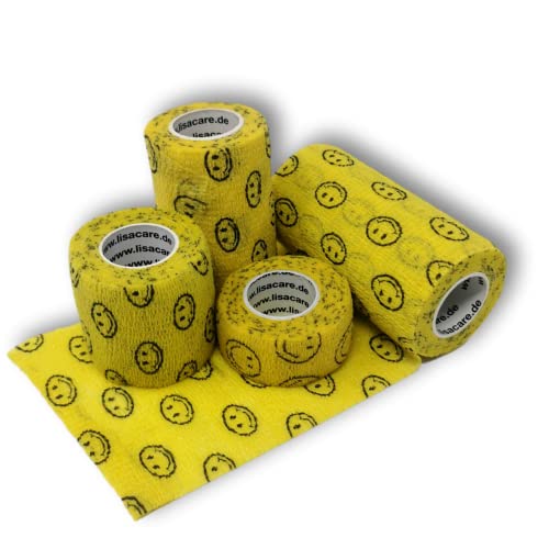 LisaCare - Fingerpflaster selbsthaftend - Pflaster für Hunde & Menschen - Handbandage Kinder - 4er-Set 2,5-10cm breit (Smiley gelb)