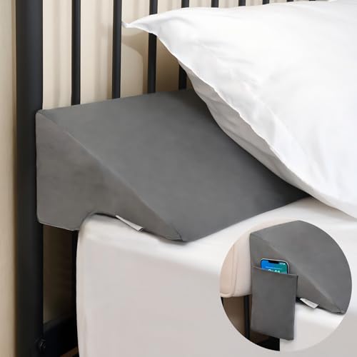 Image of Vekkia Bed Wedge Pillow for Headboard, Bed Gap Filler(0-5 inch) for Gap Between Mattress and Headboard /Wall, Prevents Pillows & Items from Falling, Dual Pocket, Washable Cover, Full, Gray, 54 inchx10 inchx6 inch
