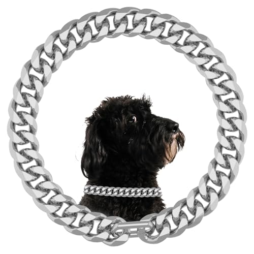 Silvery Cuban Chain Dogs Collar 19mm Thick Light Metal with Silvery Plated Metal Link Dogs Collar for Puppy Small Medium Large Dogs (14 inchs)