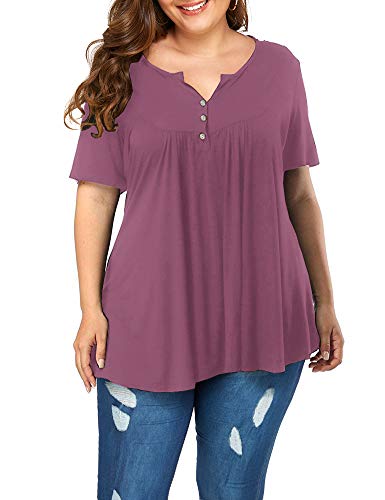 POSESHE Women's Plus Size Short Sleeve V-Neck Loose Casual Tee T-Shirt Tops Mauve Large