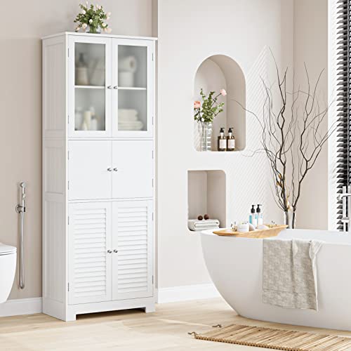 Hostack 67” Tall Bathroom Storage Cabinet, Kitchen Pantry Cabinet With Glass Doors And Shelves, Freestanding Floor Cabinet Cupboard For Bathroom, Living Room, Home Office, White #TOP2