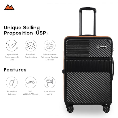 Image of Move-Meant VoyageWare Large Check-in Suitcase 75 Cm 8 Wheels Number Lock Poly Carbonate Black /Orange Trolley Bag for Men & Women | 360 Degree Wheeling System Luggage | Trolley Bags for Travel