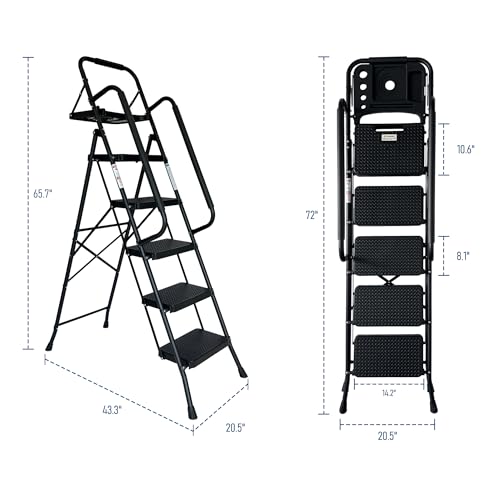 Image of 5 Step Ladder with Handrails, Folding Step Stool with Wide Anti-Slip Pedal, Tool Tray, 500 lbs Capacity Sturdy Steel Ladder, Ladder for Home, Garden, Painting, Outdoor, and Garage, Black