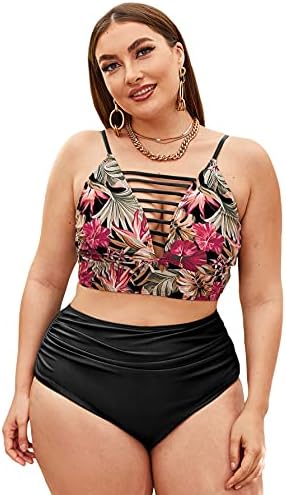 Romwe Women's Plus Size Floral Print High Waist Bikini Swimsuit Ruched 2 Piece Bathing Suit Black 2XL