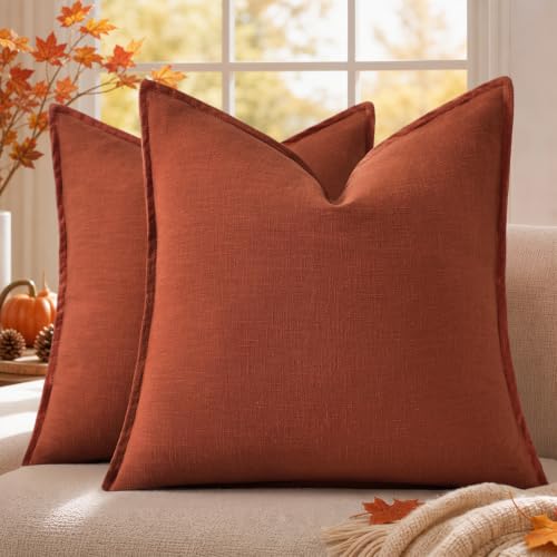 Image of decorUhome Fall Rust Linen Throw Pillow Covers 16x16 Set of 2
