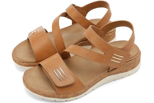 Image of UBFEN Womens Low Wedge Walking Sandals with Arch Support | Open Toe Sandals Adjustable Instep and Ankle Straps for Summer Everyday Outfits, Travel,Vacation