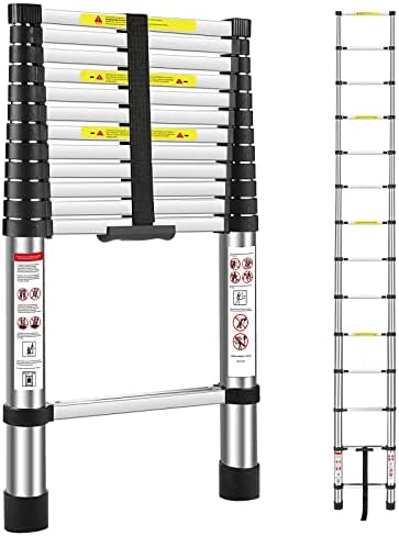 Telescoping Ladder, Qmoto 12.5 FT Folding Telescopic Ladder with Locking Mechanism, Heavy Duty 330 lbs Load, Multi-Purpose Collapsible Ladder for Household or Outdoor Work