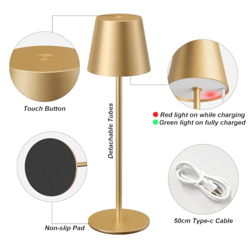 Image of Kakanuo Cordless Table Lamp Rechargeable Gold - 4 Pack Battery Operated Lamp for Dining Table, 3 Color Stepless Dimming Wireless Lamp for Counter, Outdoor Patio, Touch Control