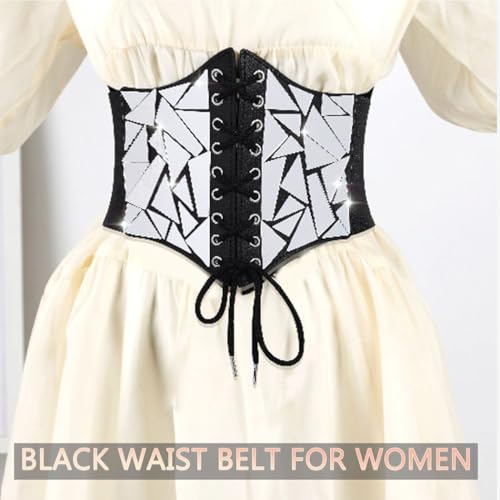 Asooll Punk Black Leather Corset Belt Sequin Lace Up Waist Belts Party Club Dress Belt for Women and Girls4