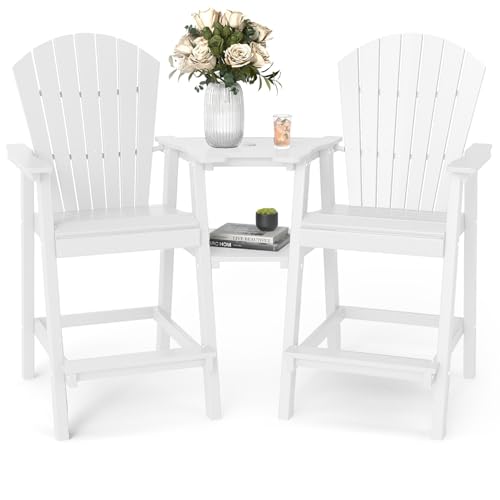 FOOWIN Tall Adirondack Chair Set of 2, All Weather HDPE Bar Height Adirondack Chair with Double Connecting Trays, Adirondack Barstools for Balcony, Deck, Backyard, Patio, Garden White