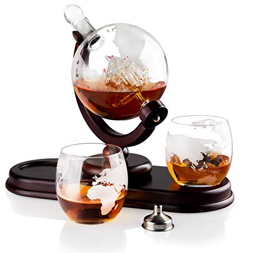 Globe Liquor Decanter set with 2 Etched Whisky Glasses by QUASIFY -