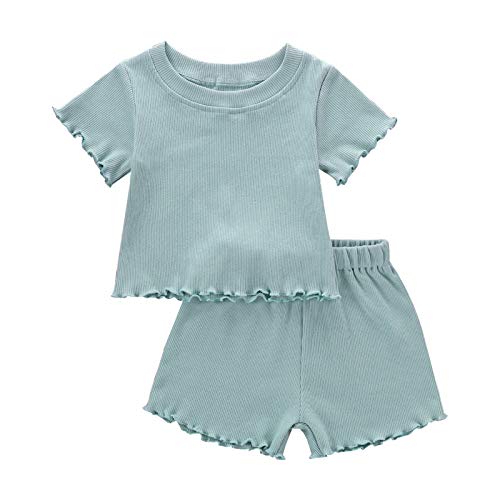 Image of Dimoybabe Toddler Baby Girl Summer Clothes Ribbed Knit Cotton Cute Summer Outfits Short Sleeves 2 Pieces Shorts Set 12M - 5T