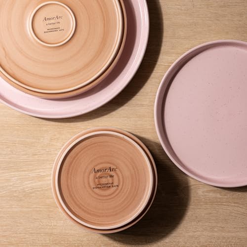 Image of AmorArc Ceramic Dinnerware Set for 8 | Speckled Stoneware Plates and Bowls with Rustic Terracotta Underside| Scratch Resistant,Dishwasher & Microwave Safe Dishes Sets- 24pcs Pink