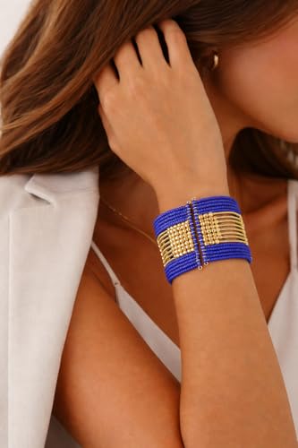 Image of Touchstone Indian Colorful Bead Bracelet Bollywood Beaten Metal Beads Openable Broad Cuff Bracelet in Gold or White Tone for Women.