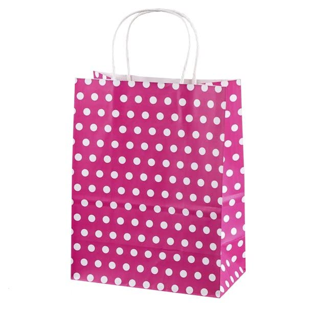 Image of RanGit Bhumi 24 pcs Color Paper Bags with Polka Dots - Party Favor Goodie Candy Gift Kraft Paper Bags with Handles for birthday, wedding, engagement party and other festivals (9 inchx4 inchx11.3 inch, Pink)