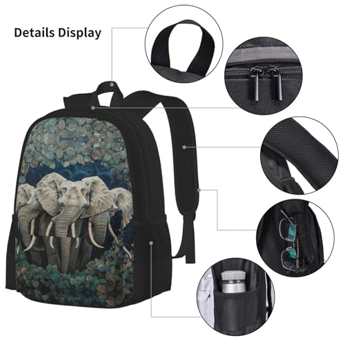 Elephants Art Print 3 Piece Backpack Set, Laptop Daypack, Lightweight Bookbag Set With Lunch Bag Pencil Case4