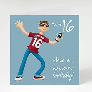 A 15cm square 16th birthday greetings card by artist Erica Sturla, for a boy on his sixteenth birthday. Blank inside for your own message
