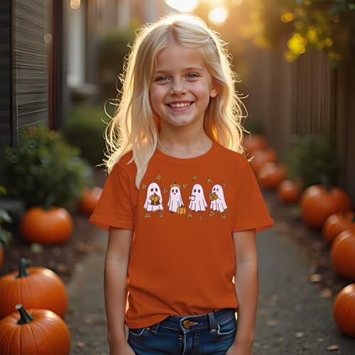BOUTIKOME Kid Boy Girls Halloween T-Shirt Embroidered Ghost Pumpkin Shirts Spooky Season Tees Short Sleeve Fall Tops Outfits2