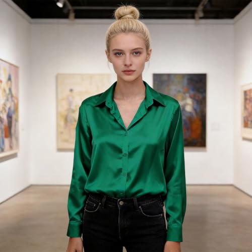 Camisa feminina de cetim manga longa estilo blusa de seda para trabalho, Verde, XGG