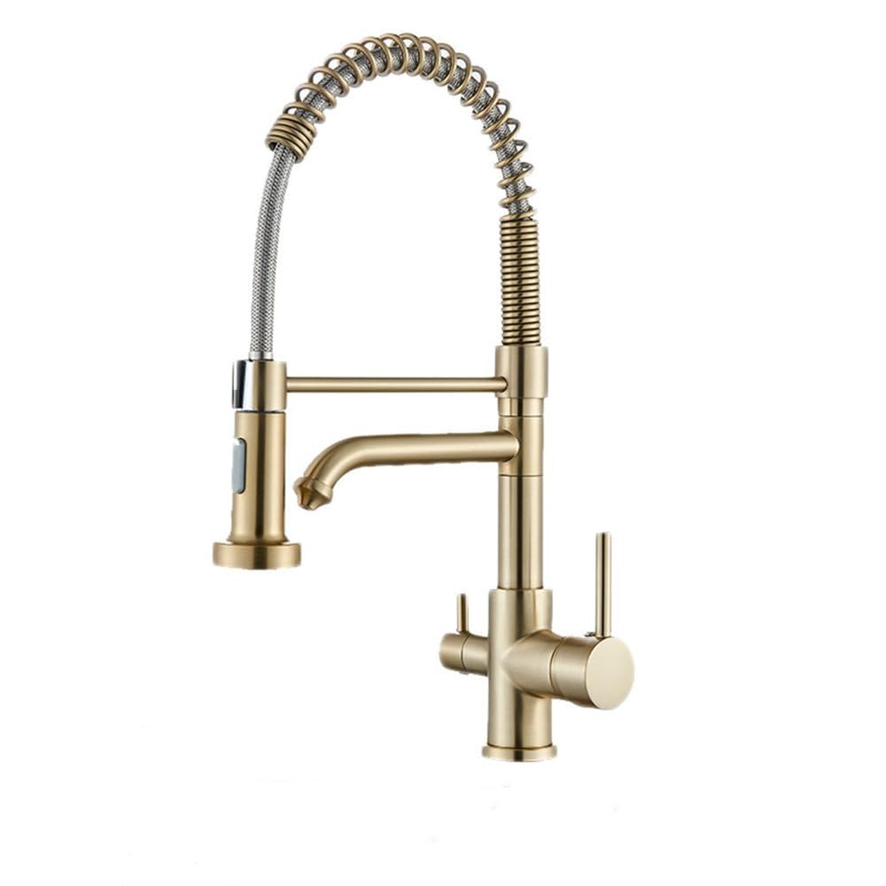 MXXQRHF Nickel Chrome Kitchen Sink Faucet Purified Free Rotation Hot Cold Mixer Dual Handle Tap Deck Mount Spring Drink Faucets,Brushed Gold