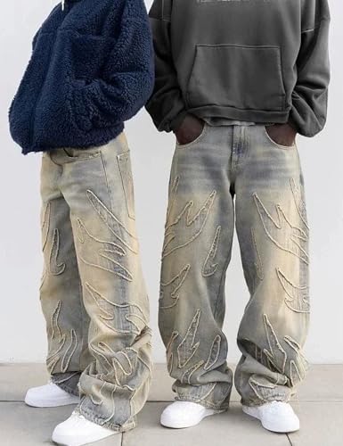 Y2k Ripped Wide Leg Jeans Men Denim Baggy Pant Oversized Hip Hop Flame Splicing Jeans Vintage Skater Pants3