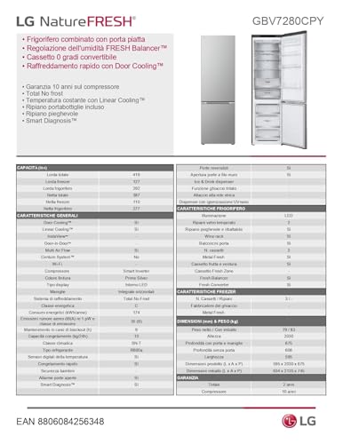 Lg GBV7280CPY Frigorifero combinato Classe C 387 Litri Porte piatte Metal Fresh DooreLinear Cooling Fresh Balancer e Converter Argento - 24