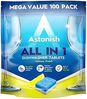 Astonish All In 1 Powerful Cleaning Dishwasher Tablets with Salt and Rinse Aid, Mega Pack of 100 Tablets, Lemon Fresh
