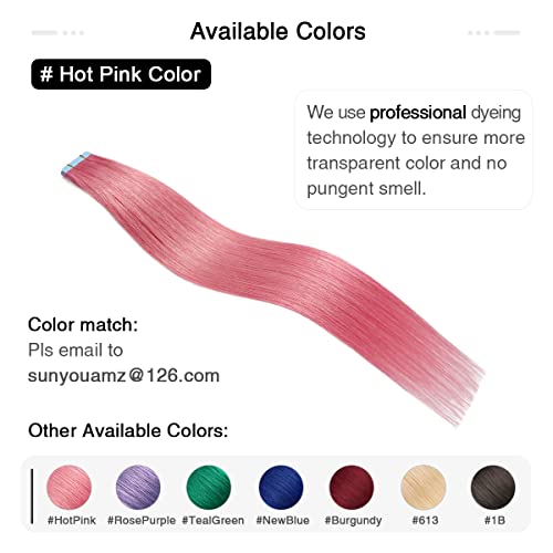 Image of SUYYA Tape In Hair Extensions Human Hair 16 Inch Hot pink | Remy Human Hair, Invisible Skin Weft, Soft & Silky Straight Hair, 10PCS 20G, Seamless Blend, Add Length & Volume