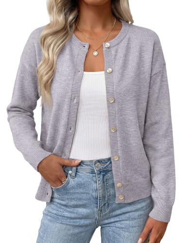 Saodimallsu Damen Kurz Strickjacke Langarm Rundhals Cardigan,Grau,XL