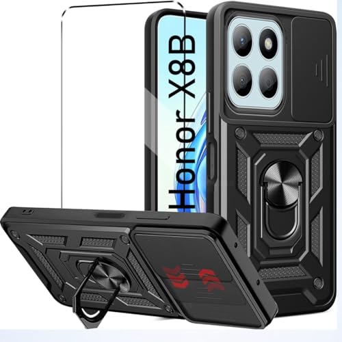 Cover e Vetrino Compatible con HONOR X8B antiurto Protezione Fotocamera 360° Metallo Anello Supporto Militare Antiurto Hard PC Custodia Vetro temperato Pellicola protettiva nero
