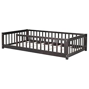 Toddler Twin Size Floor Bed with Fence for Kids,Solid Wood Bedframe,Easy to Assemble, No Box Spring Needed,Espresso Toddler Twin Size Floor Bed with Fence for KidsSolid Wood BedframeEasy to Assemble No Box Spring NeededEspresso