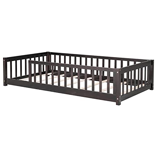 Toddler-Twin-Size-Floor-Bed-with-Fence-for-KidsSolid-Wood-BedframeEasy-to-Assemble-No-Box-Spring-NeededEspresso Toddler Twin Size Floor Bed with Fence for KidsSolid Wood BedframeEasy to Assemble No Box Spring NeededEspresso