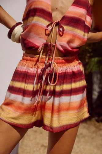Image of ROAONOCOMO Women Tie Front Shorts Set V Neck Halter Cami Top Y2K 2 Piece Pj Set Graphic Summer Beach Lounge Outfit